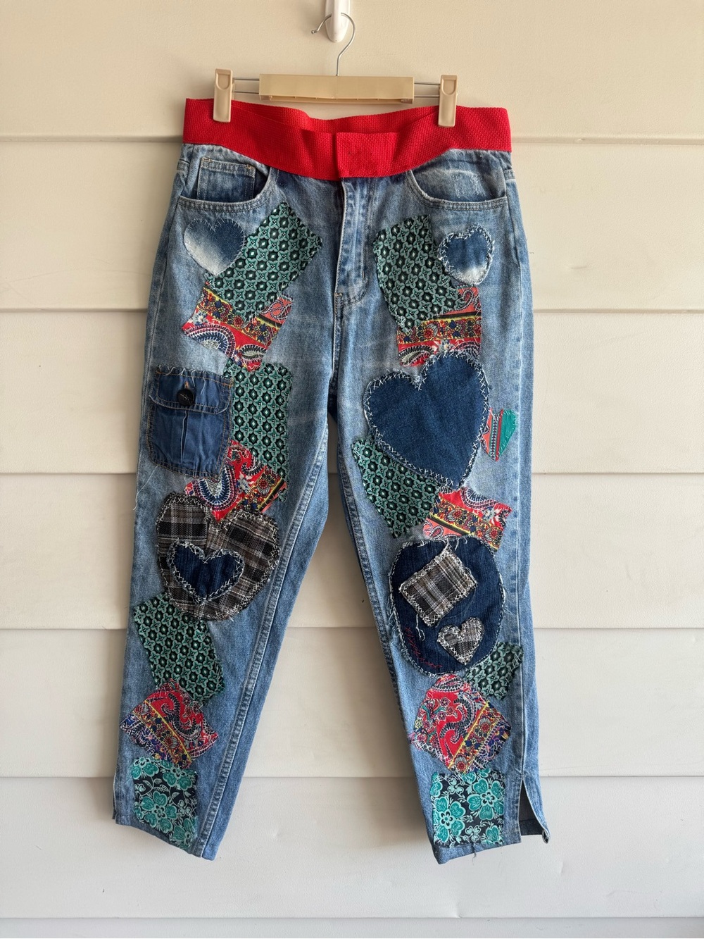 Upcycled Hand stitched Patchwork Blue Jeans Sz 32 waist